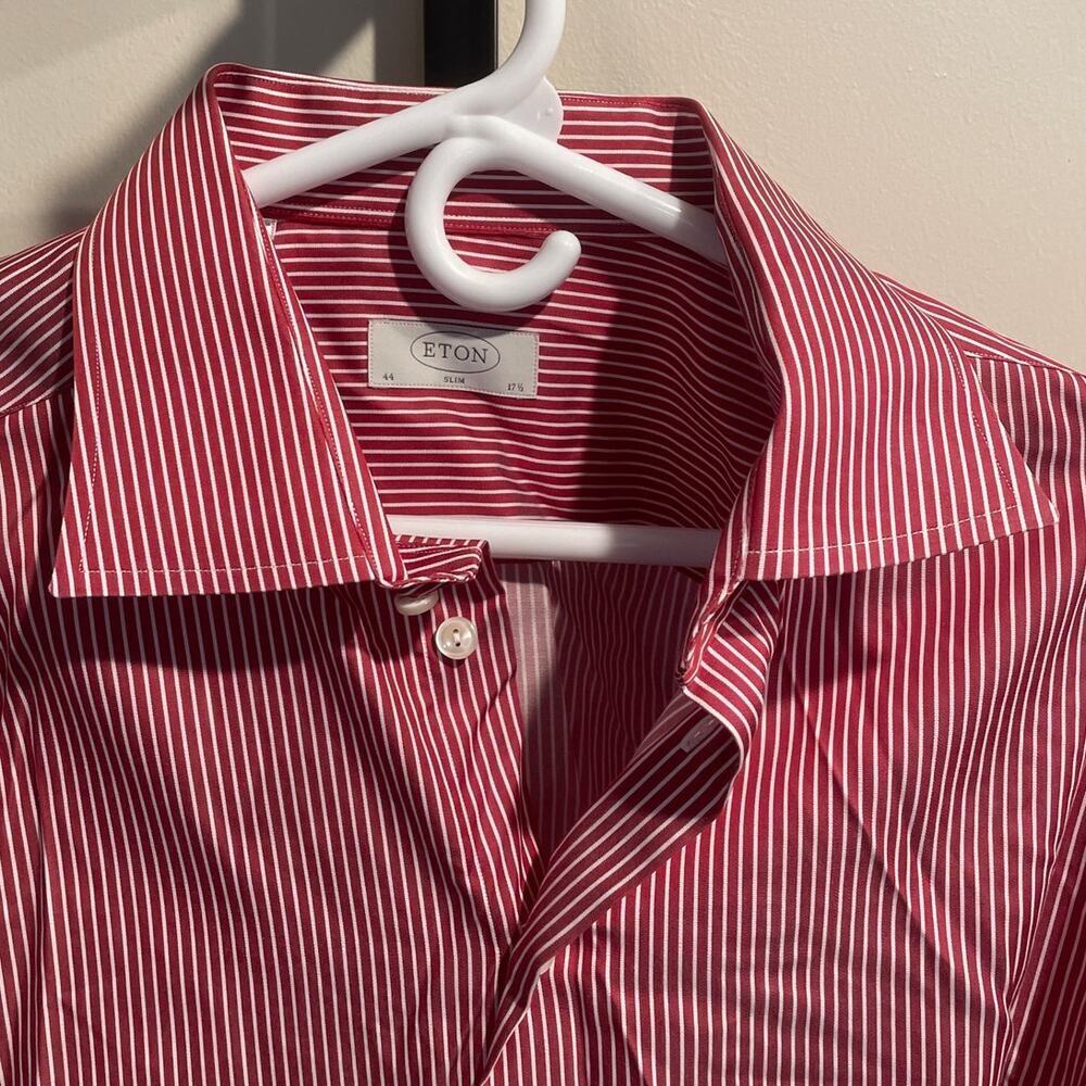 ETON Men's Stripe-Pattern Long-Sleeve Cotton Shirt 7.5/44 Red/White Button Up - Picture 2 of 7